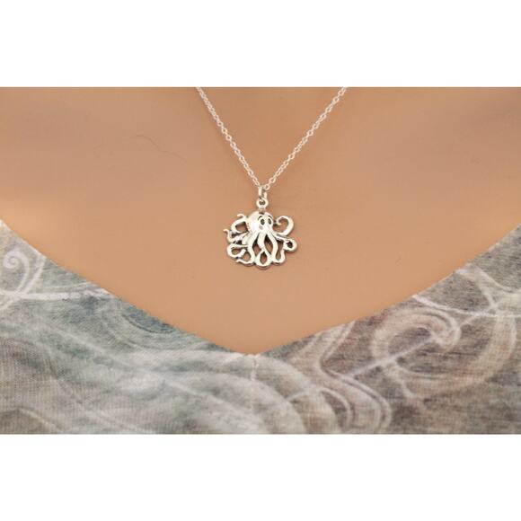 Medium Sterling Silver Octopus Charm Necklace, Silver Octopus Pendant Necklace - Picture 3 of 4